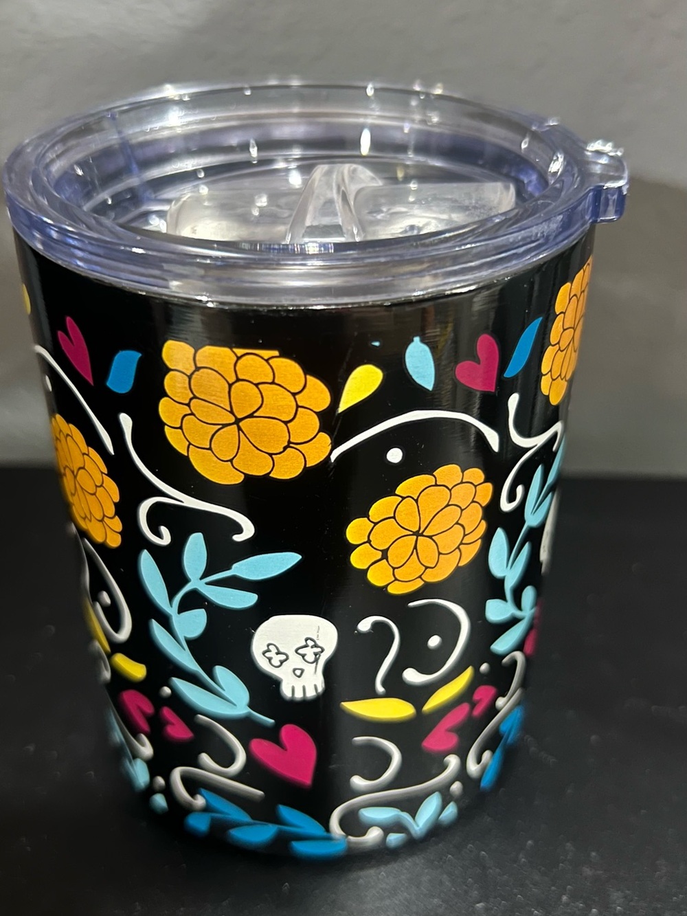 Floral Skull Stainless Tumbler - Black with Yellow & Teal Accents
